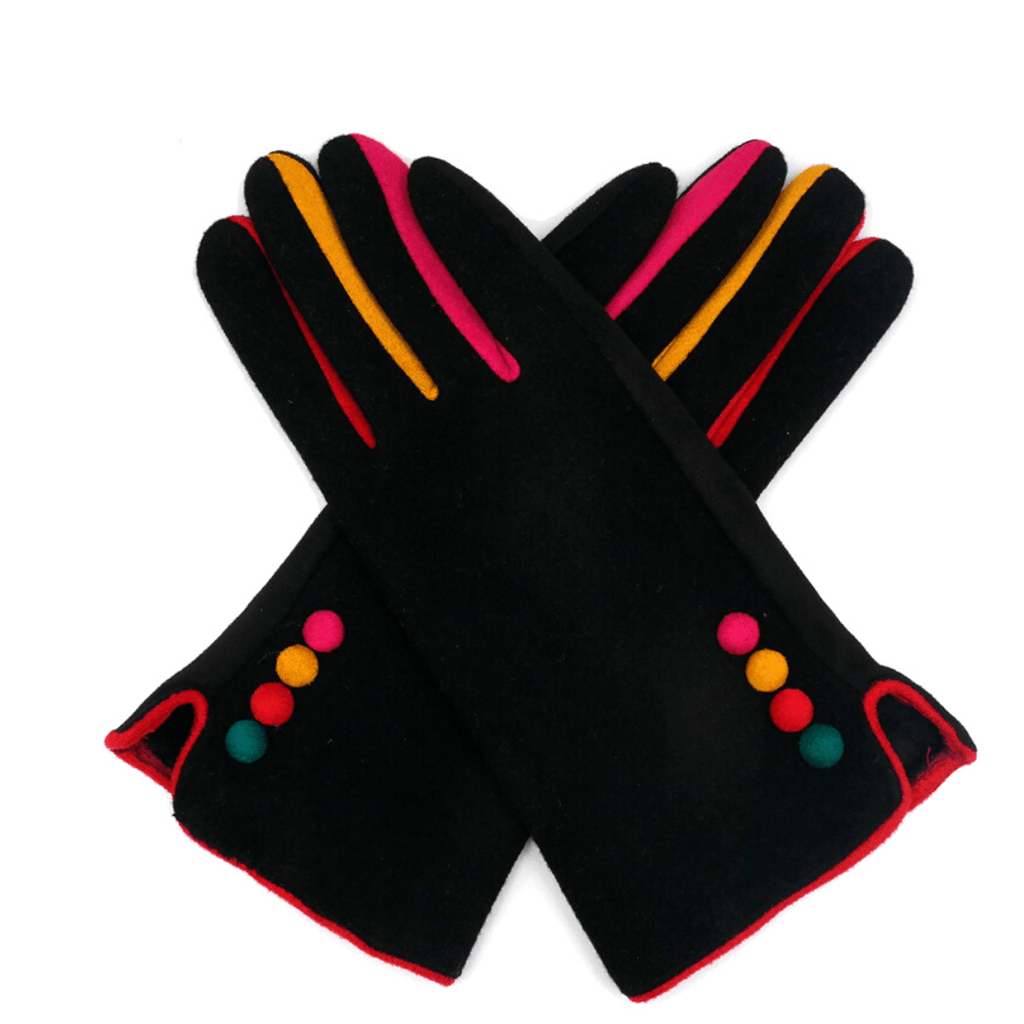 luscious scarves Hat scarf gloves Miss Sparrow Ladies Black Smart Gloves with Multi Coloured Button Detailing.