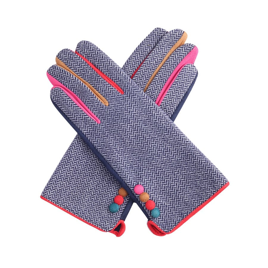 luscious scarves Hat scarf gloves Miss Sparrow Navy Herringbone Gloves with Multi Coloured Trim and Buttons