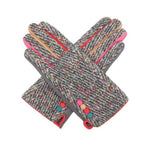 Load image into Gallery viewer, luscious scarves Hat scarf gloves Red Cuckoo Grey Herringbone Gloves with Multi Coloured Trim and Buttons
