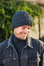 Load image into Gallery viewer, luscious scarves Hats Pachamama Men&#39;s Shetland Roll Back Beanie Charcoal , Fairtrade, Handmade.
