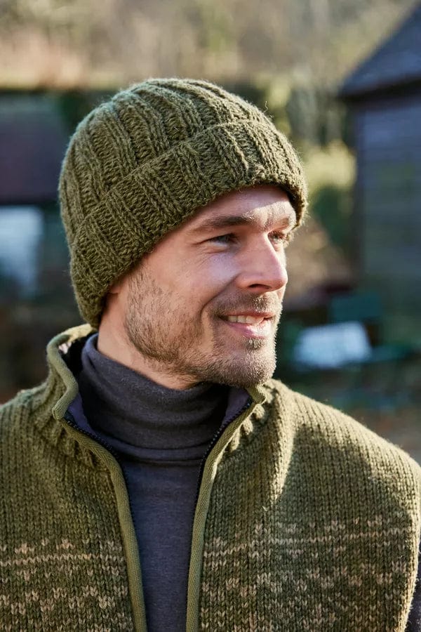 luscious scarves Hats Pachamama Men's Shetland Roll Back Beanie Moss, Fairtrade, Handmade.
