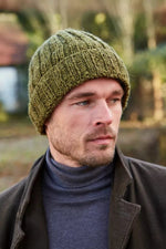 Load image into Gallery viewer, luscious scarves Hats Pachamama Men&#39;s Shetland Roll Back Beanie Moss, Fairtrade, Handmade.
