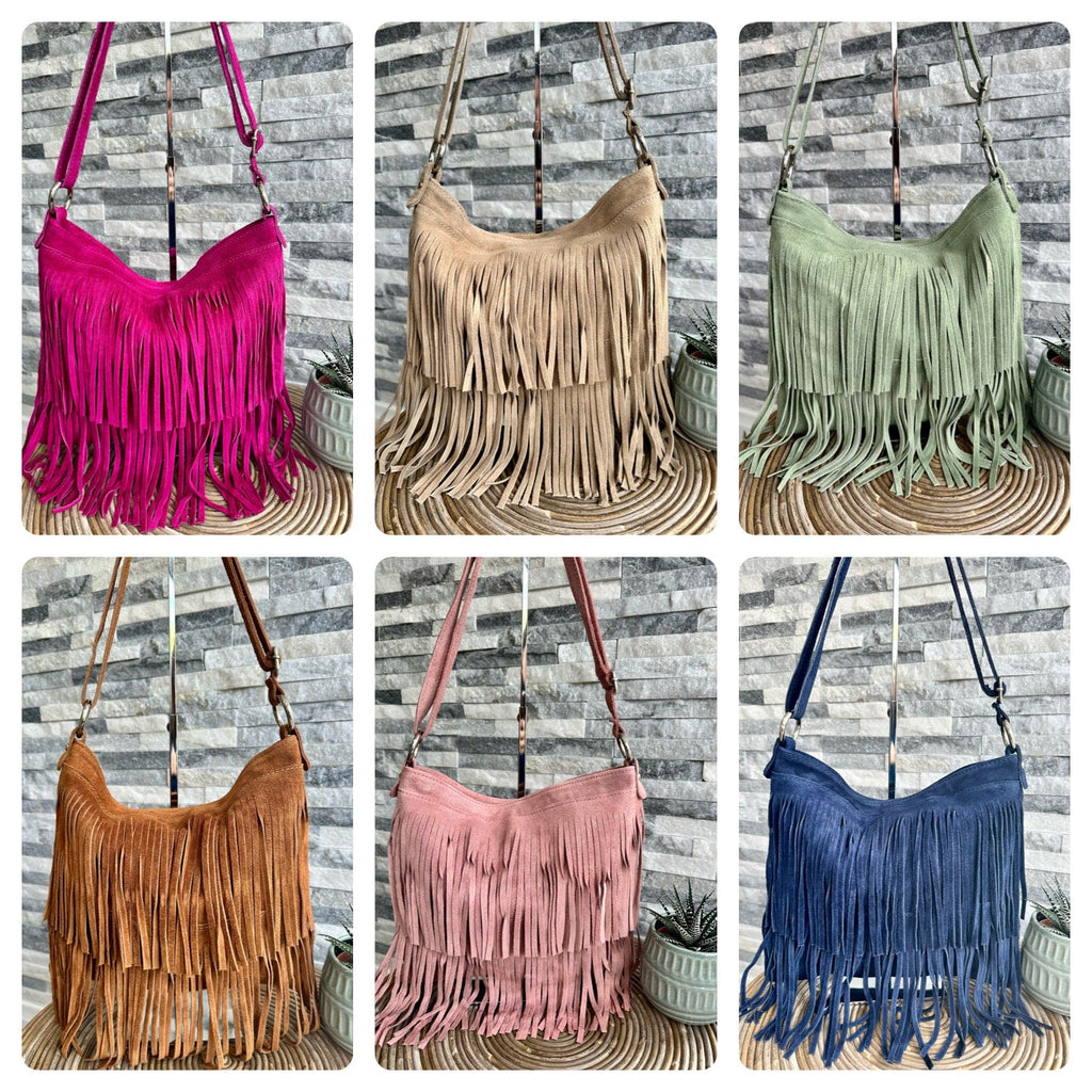 luscious scarves Italian Suede Leather Tassel, Fringe Crossbody / Shoulder Bag . 7 Colours Available