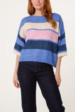 Load image into Gallery viewer, luscious scarves JUMPER M/L Blue, Pink and Lemon Block Stripe Wide Sleeve Colour block Knit Jumper
