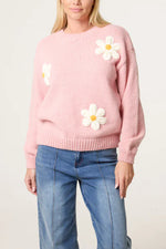 Load image into Gallery viewer, luscious scarves JUMPER Pink Knitted Jumper with White Flocking Daisy.
