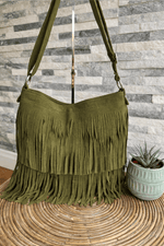 Load image into Gallery viewer, luscious scarves khaki Italian Suede Leather Tassel, Fringe Crossbody / Shoulder Bag . 7 Colours Available
