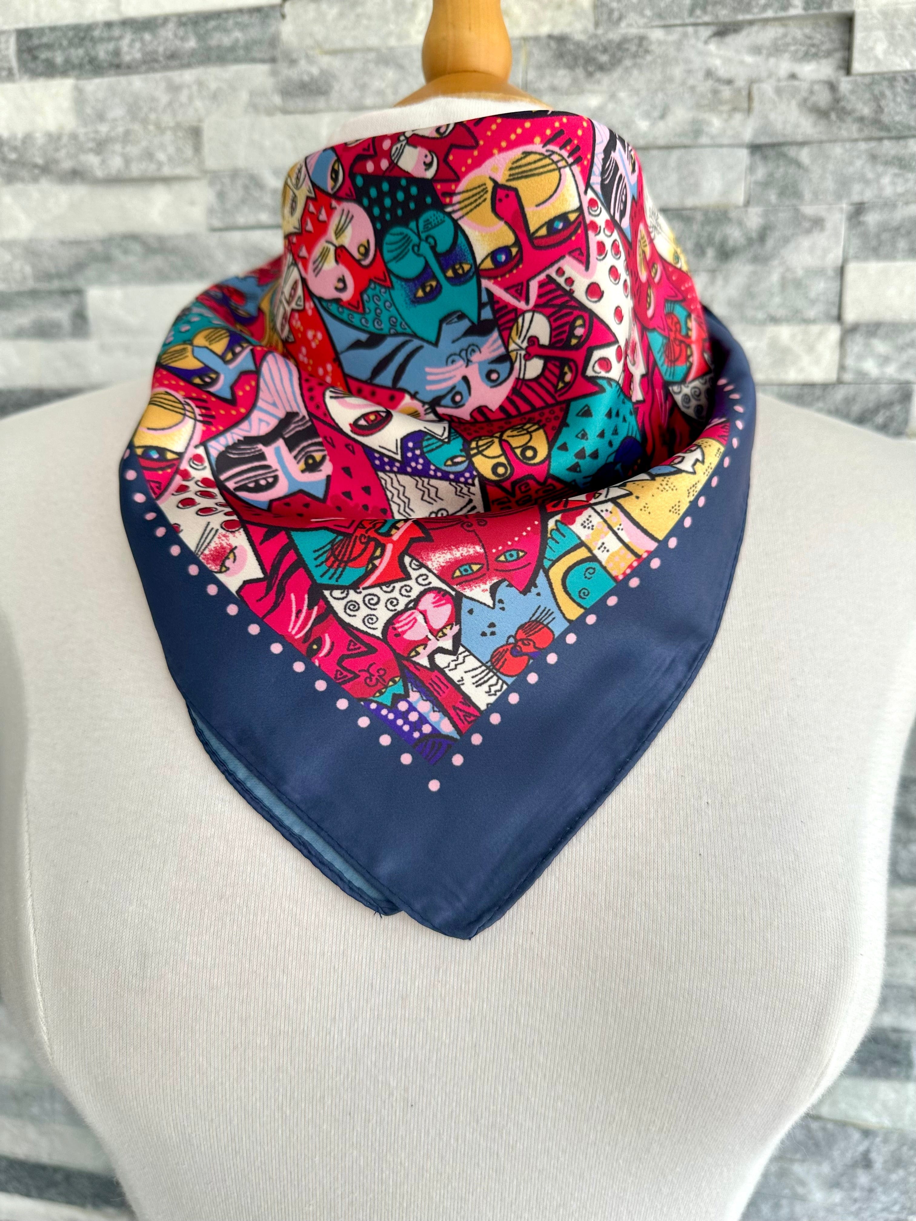 luscious scarves Ladies Navy Square Cats Design Scarf .