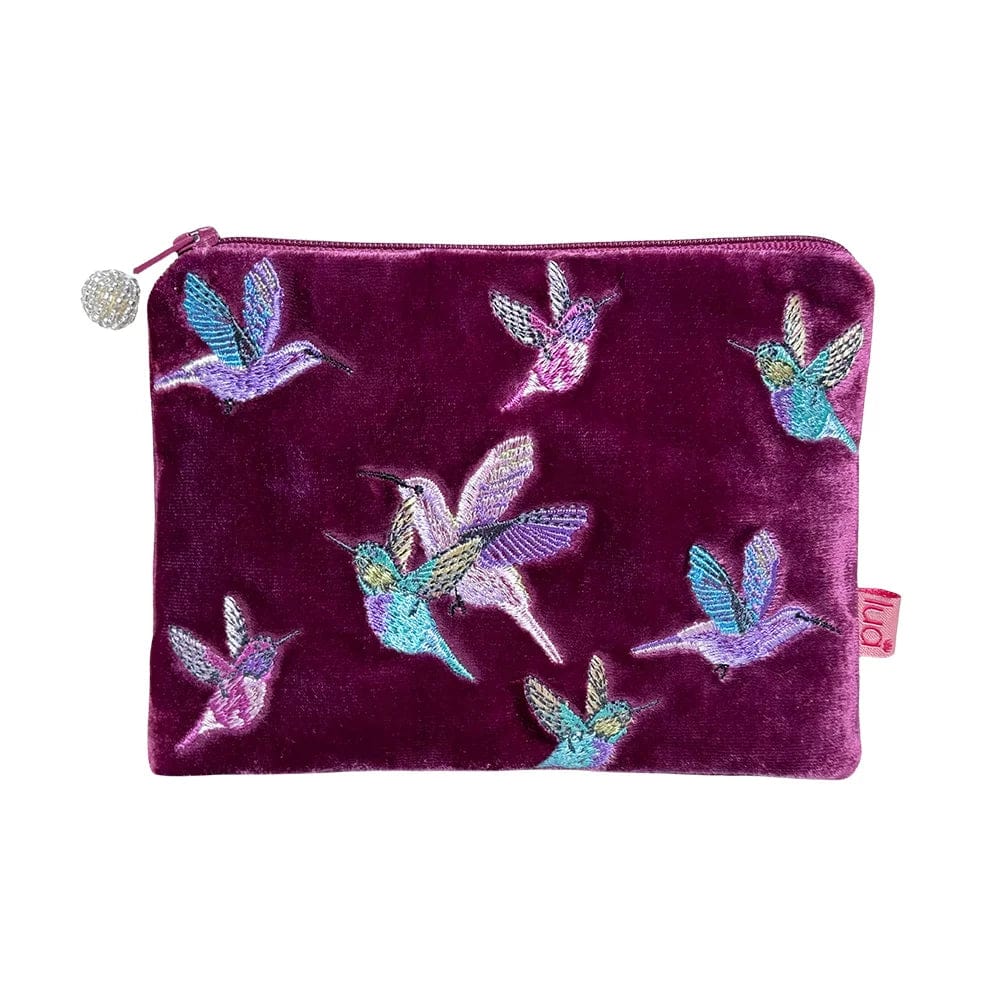 luscious scarves Ladies purse Plum Lua Hummingbirds Design Embroidered Velvet Purse. 3 Colours Available.