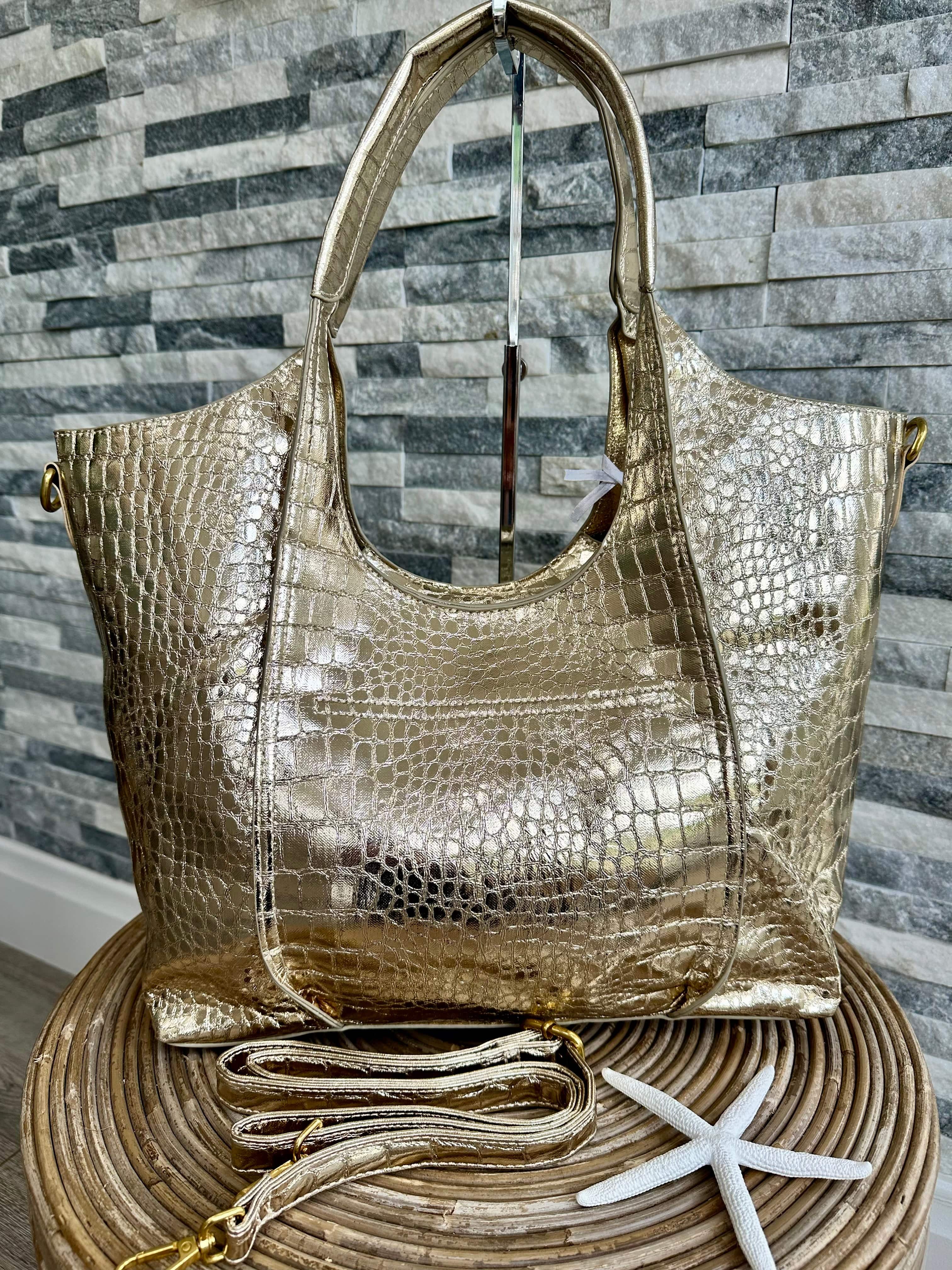 Large Metallic Croc Print Tote Bag Silver luscious scarves