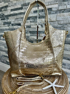 luscious scarves Large Metallic Croc Print Tote Bag Silver / Gold