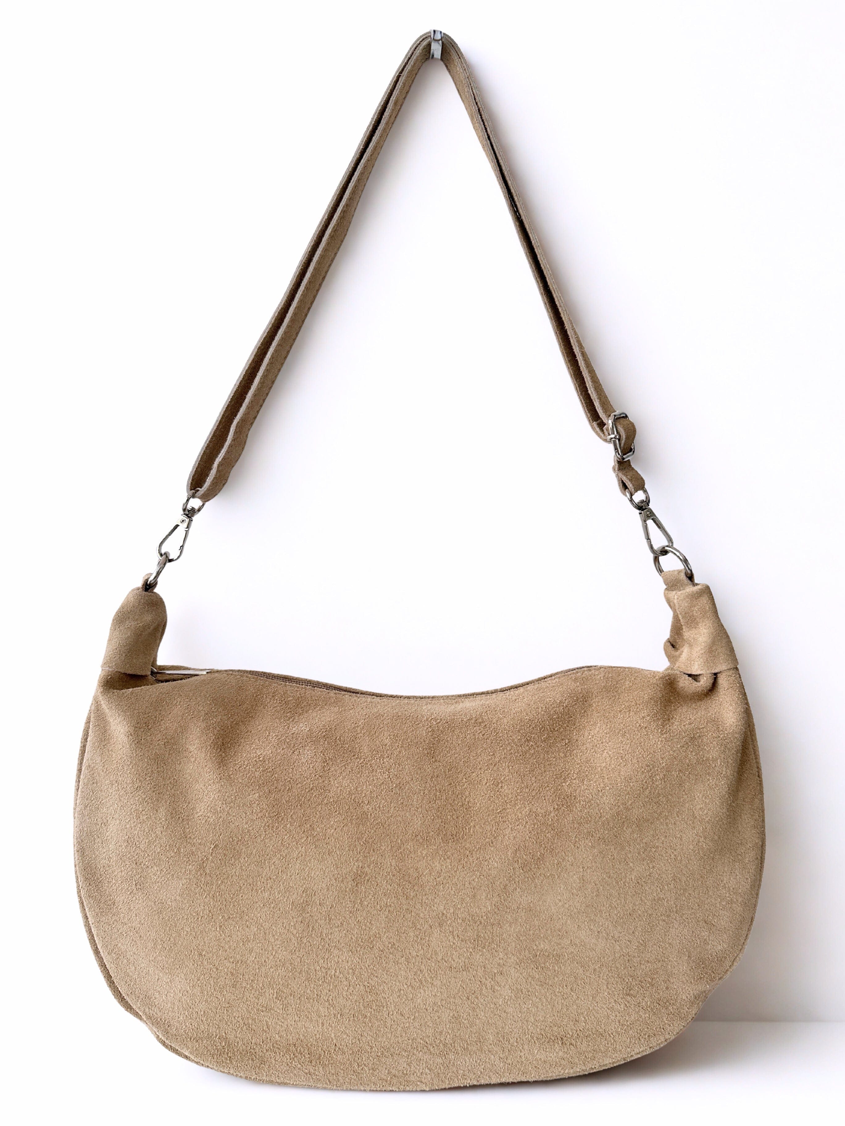 luscious scarves Light Beige Genuine Suede Half Moon Slouchy Bag.