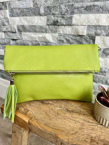 luscious scarves Lime Green Italian Leather Fold Over Clutch Bag .