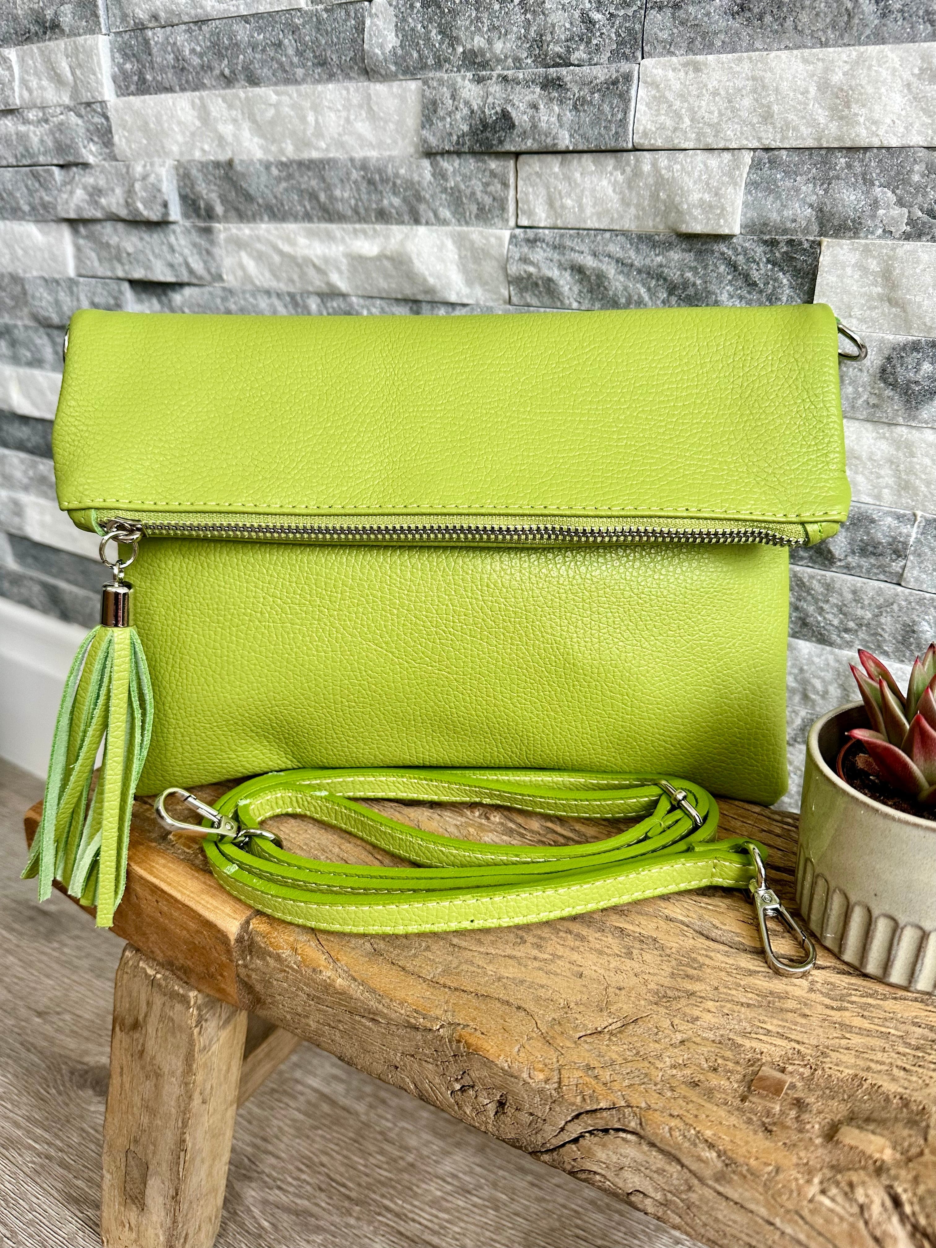 luscious scarves Lime Green Italian Leather Fold Over Clutch Bag .