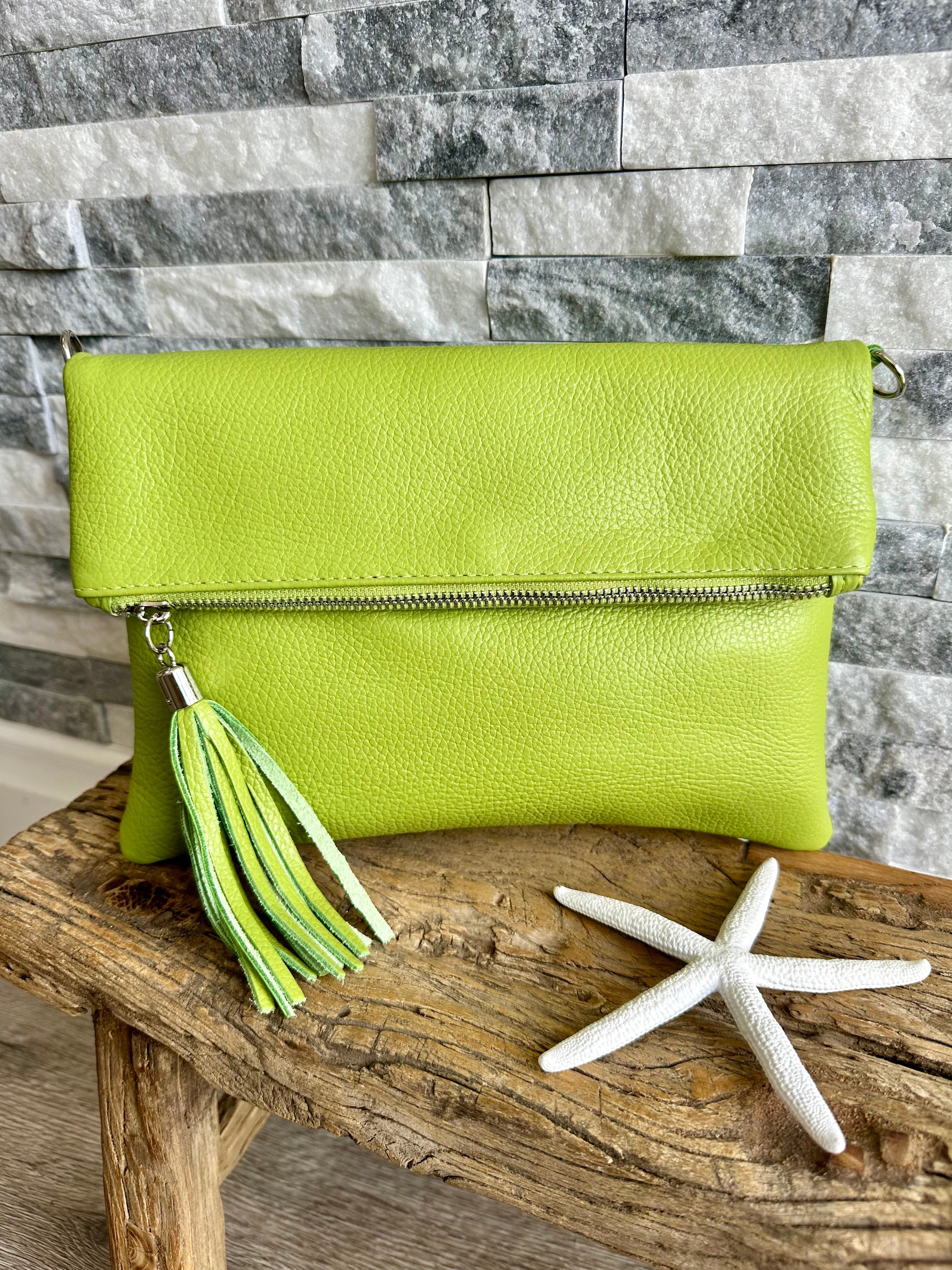luscious scarves Lime Green Italian Leather Fold Over Clutch Bag .
