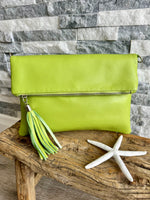 Load image into Gallery viewer, luscious scarves Lime Green Italian Leather Fold Over Clutch Bag .
