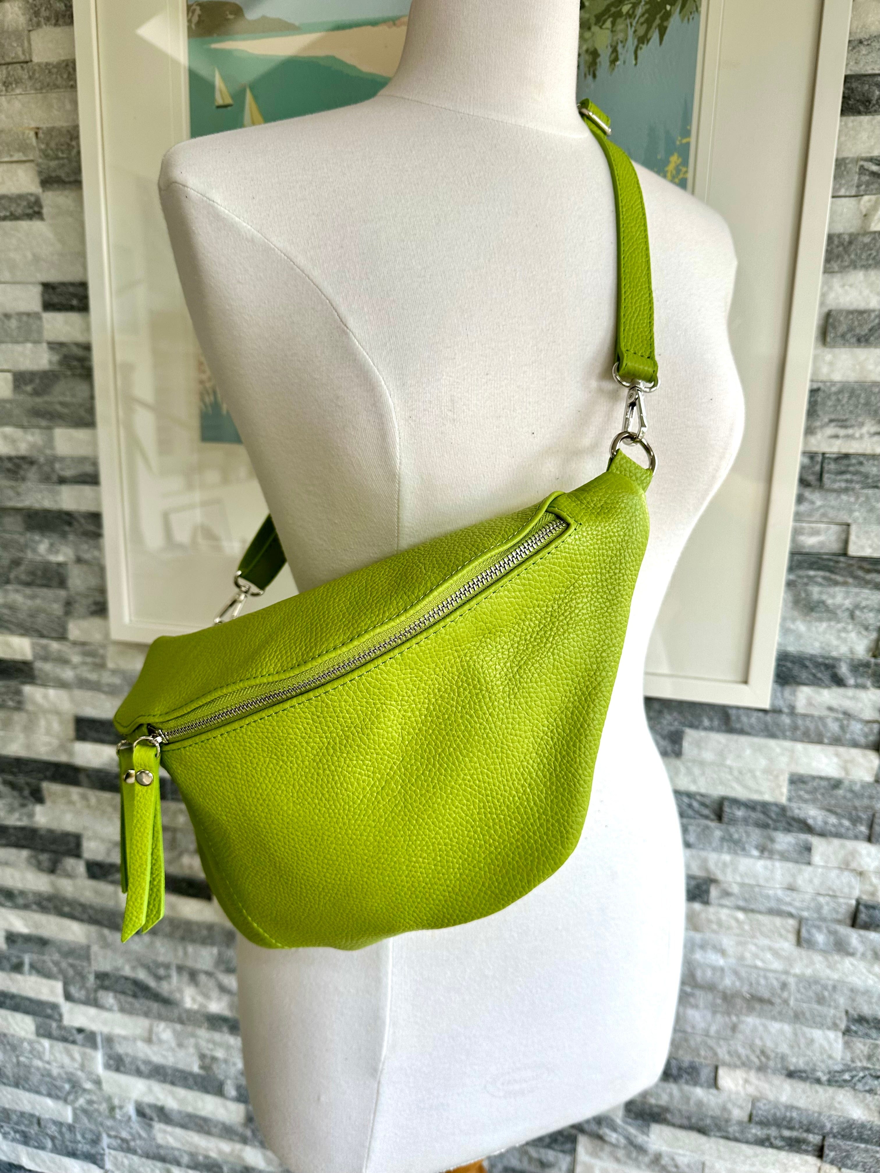 luscious scarves Lime Green Italian Leather Sling Bag / Chest Bag