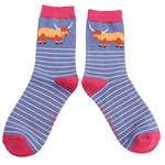 Load image into Gallery viewer, luscious scarves MISS SPARROW Highland Cow &amp; Stripes Socks Denim
