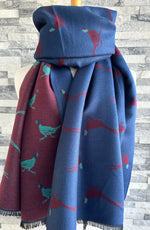 Load image into Gallery viewer, luscious scarves Navy , Burgundy and Teal Reversible Scarf / Shawl With Pheasants Design
