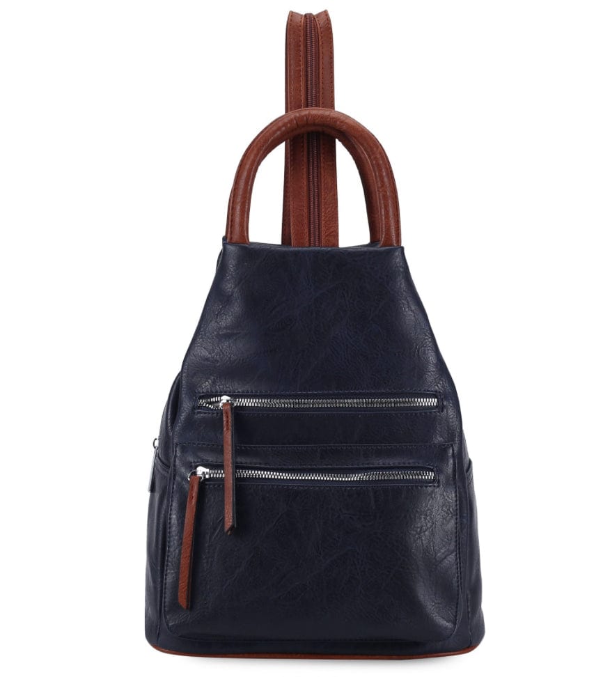 luscious scarves Navy Faux Vegan Leather Triangular Backpack with Double Front Pockets, Available in 10 colours.