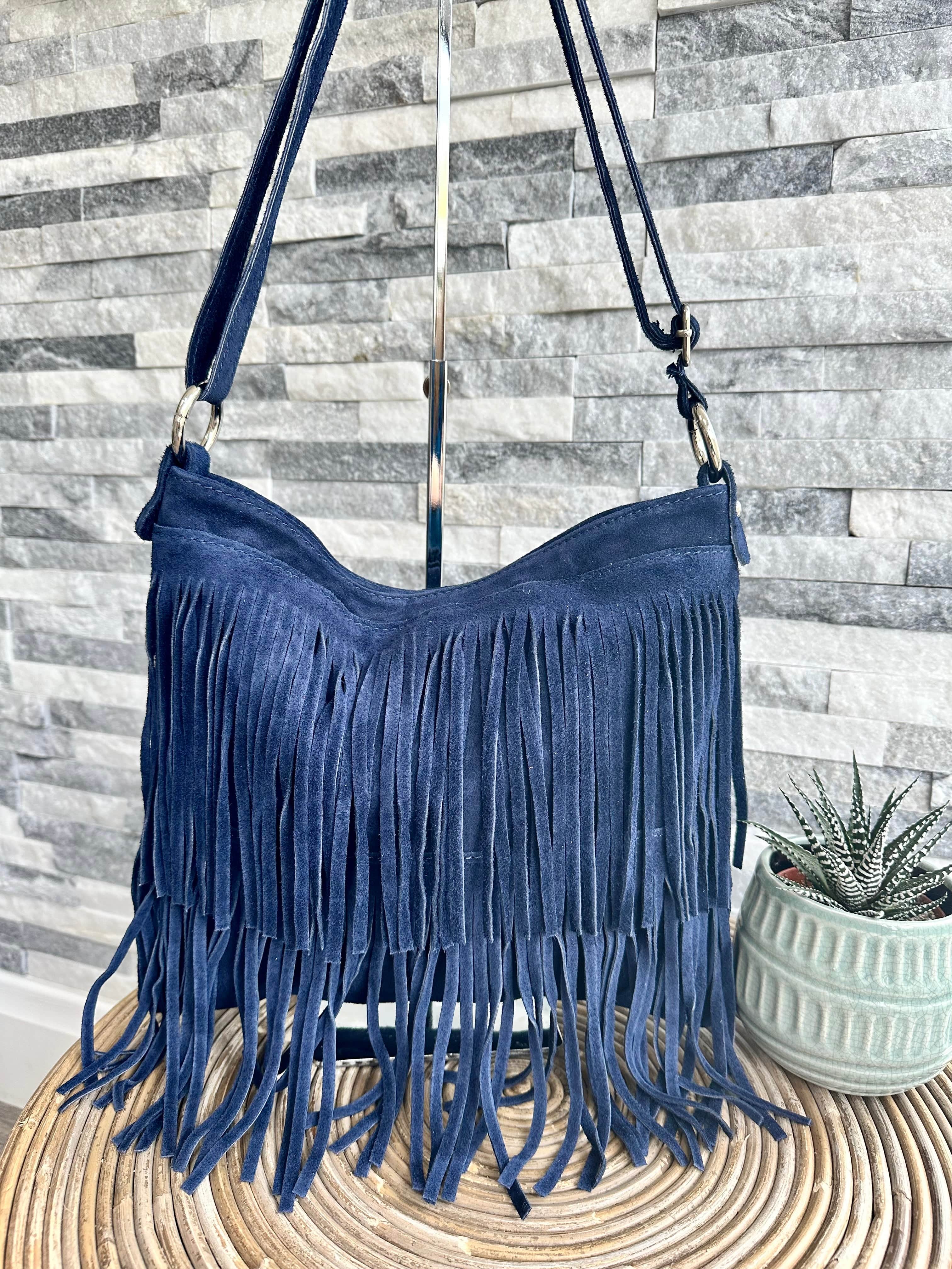 luscious scarves Navy Italian Suede Leather Tassel, Fringe Crossbody / Shoulder Bag . 7 Colours Available