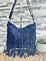 Load image into Gallery viewer, luscious scarves Navy Italian Suede Leather Tassel, Fringe Crossbody / Shoulder Bag . 7 Colours Available
