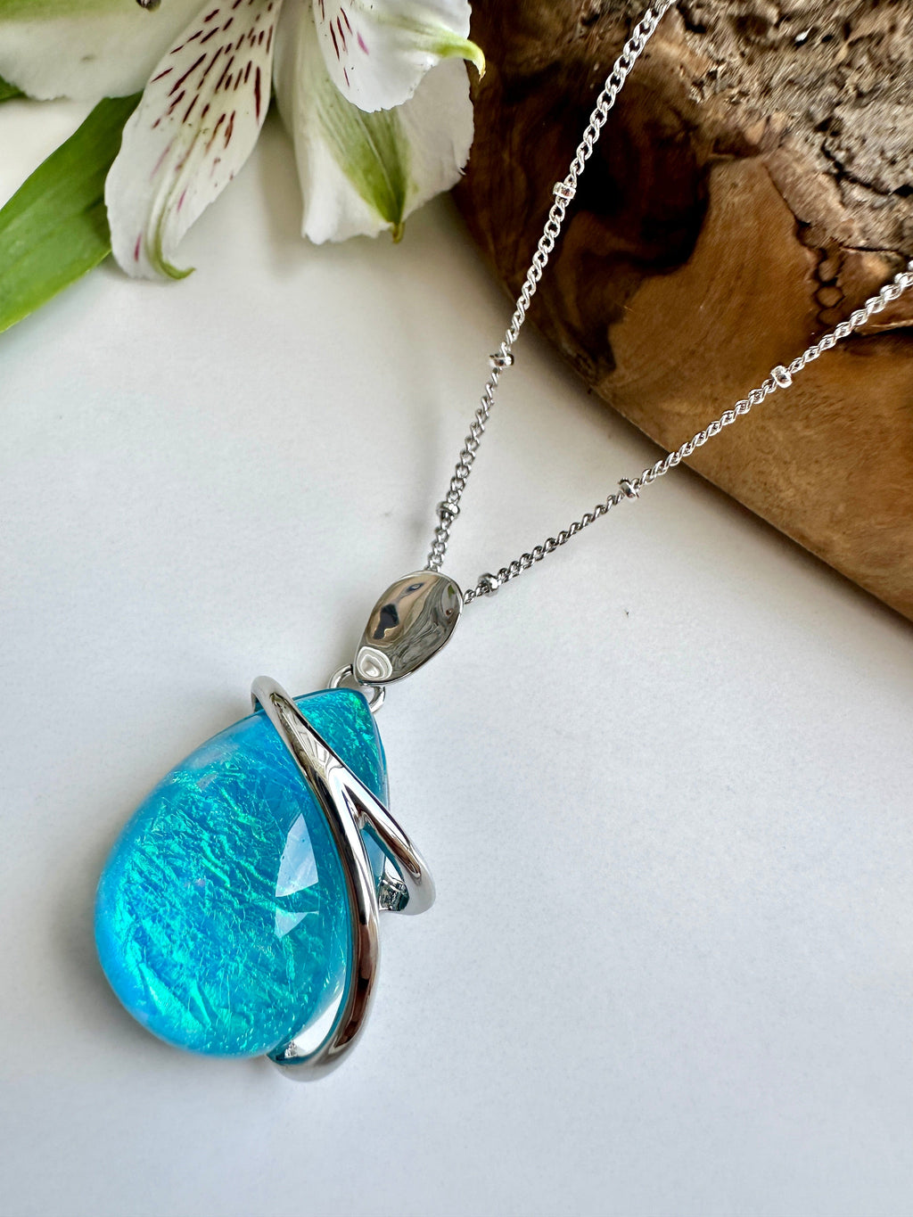 luscious scarves necklace Miss Milly Iridescent Aqua Blue Teardrop Pendant FN748BLIR