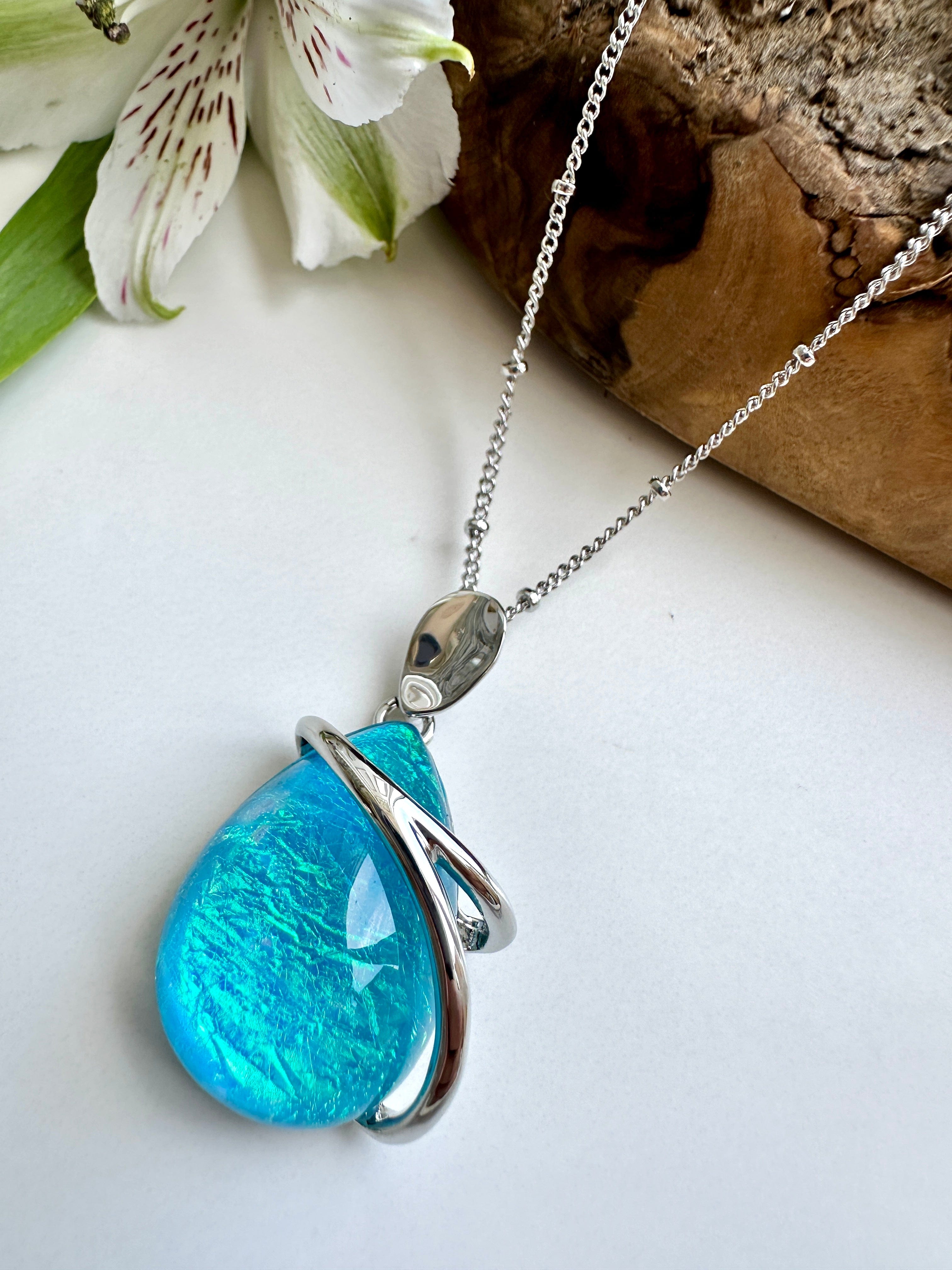 luscious scarves necklace Miss Milly Iridescent Aqua Blue Teardrop Pendant FN748BLIR