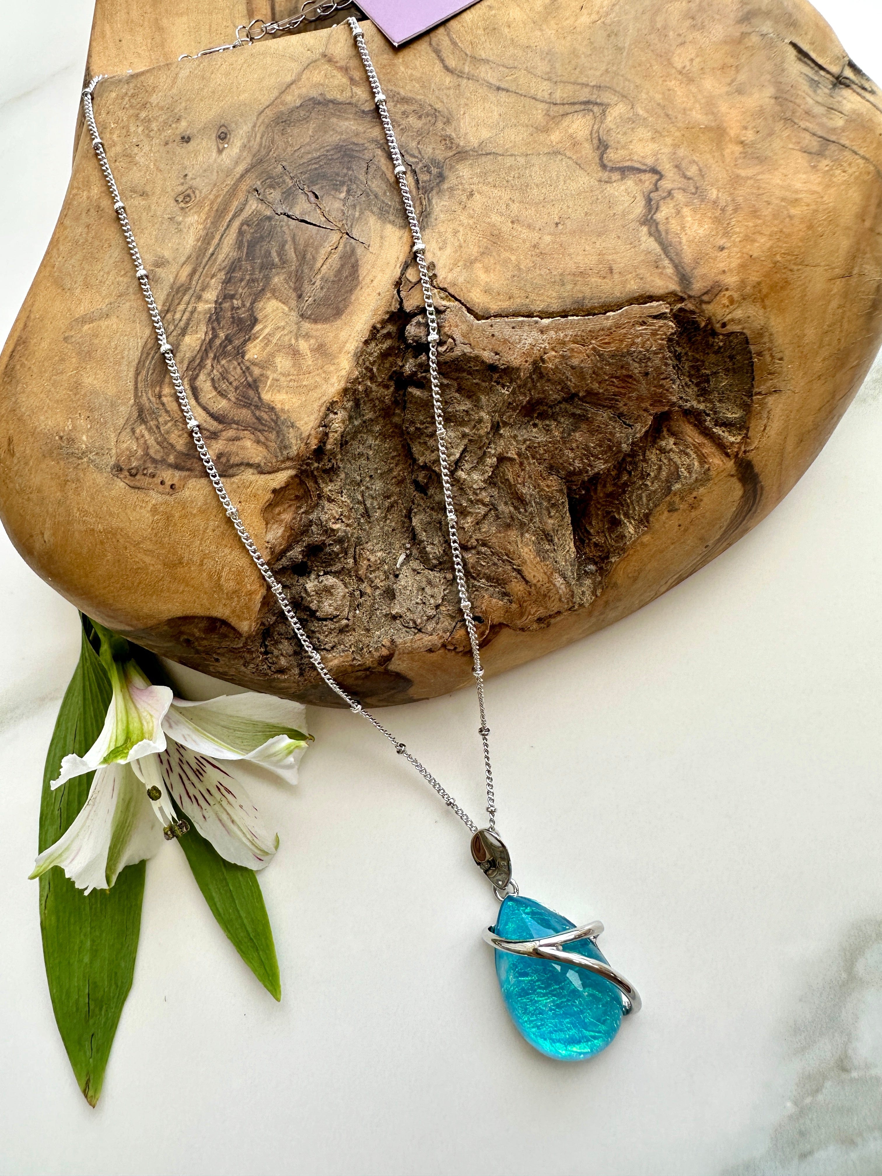 luscious scarves necklace Miss Milly Iridescent Aqua Blue Teardrop Pendant FN748BLIR