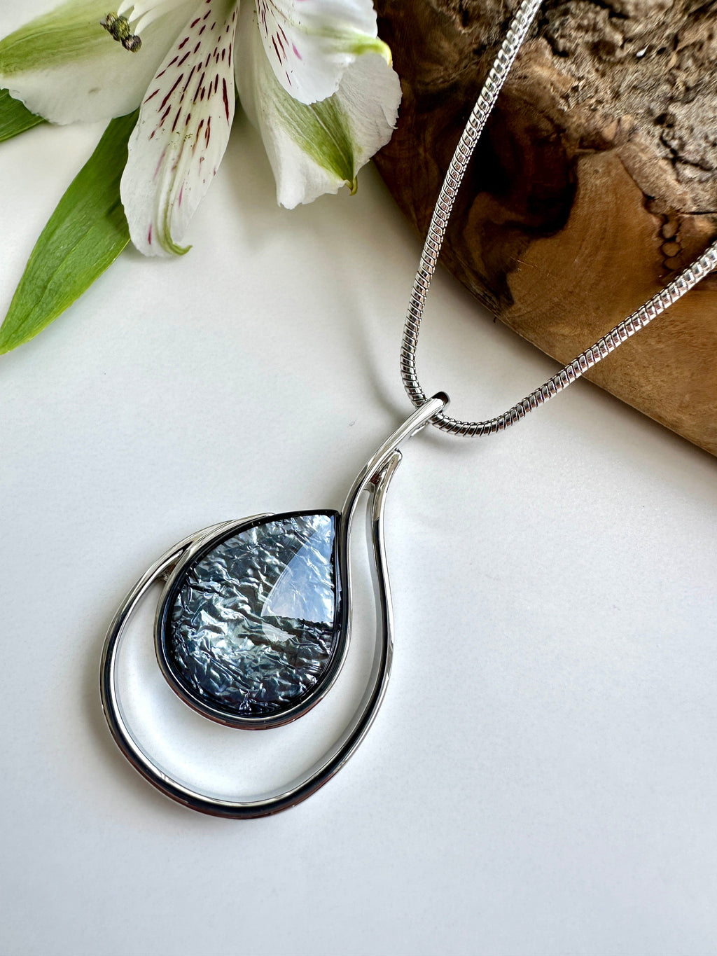 luscious scarves Necklaces Miss Milly Smokey Grey Reflective Foil Tear Drop Necklace FN425