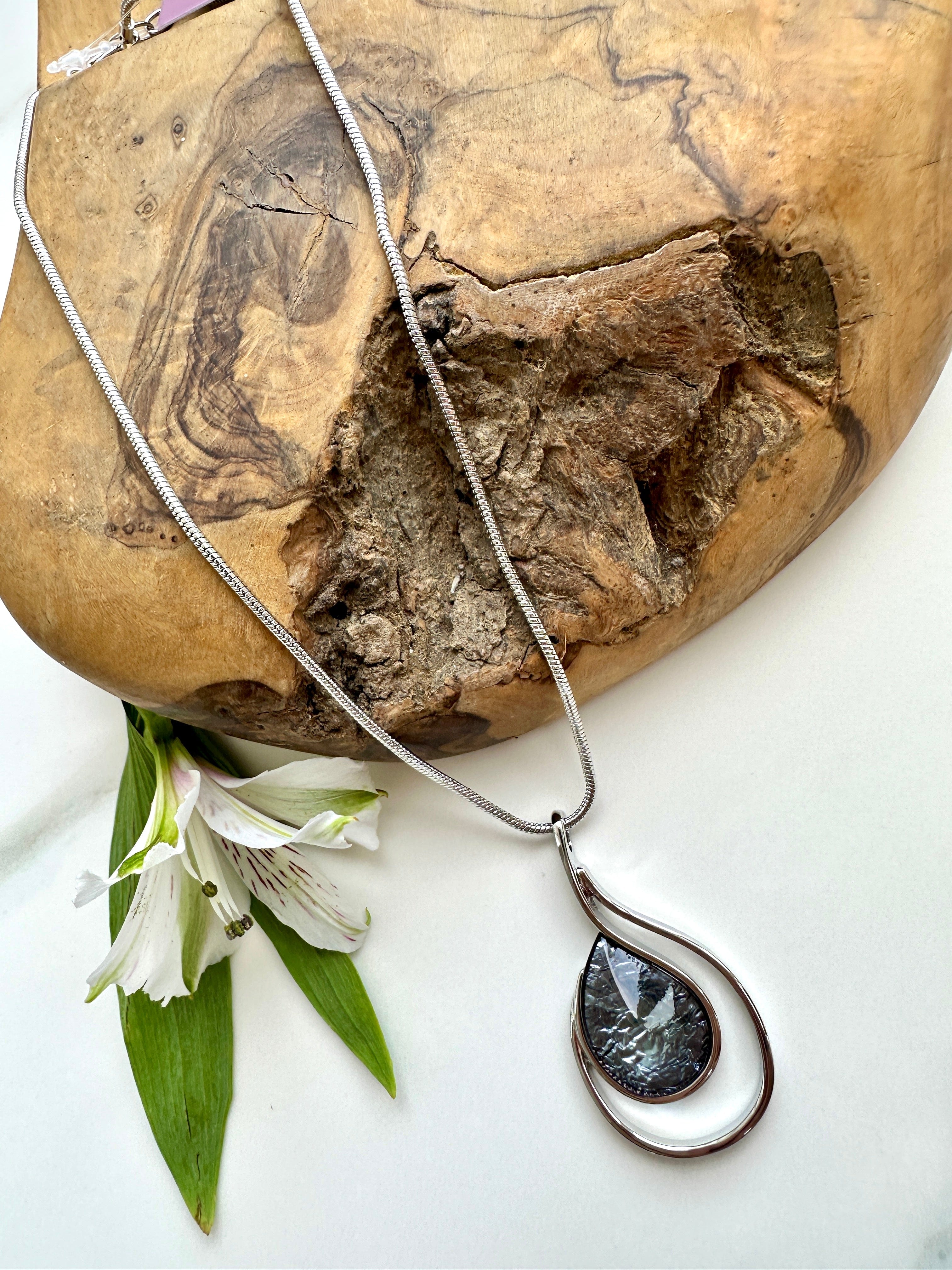 luscious scarves Necklaces Miss Milly Smokey Grey Reflective Foil Tear Drop Necklace FN425