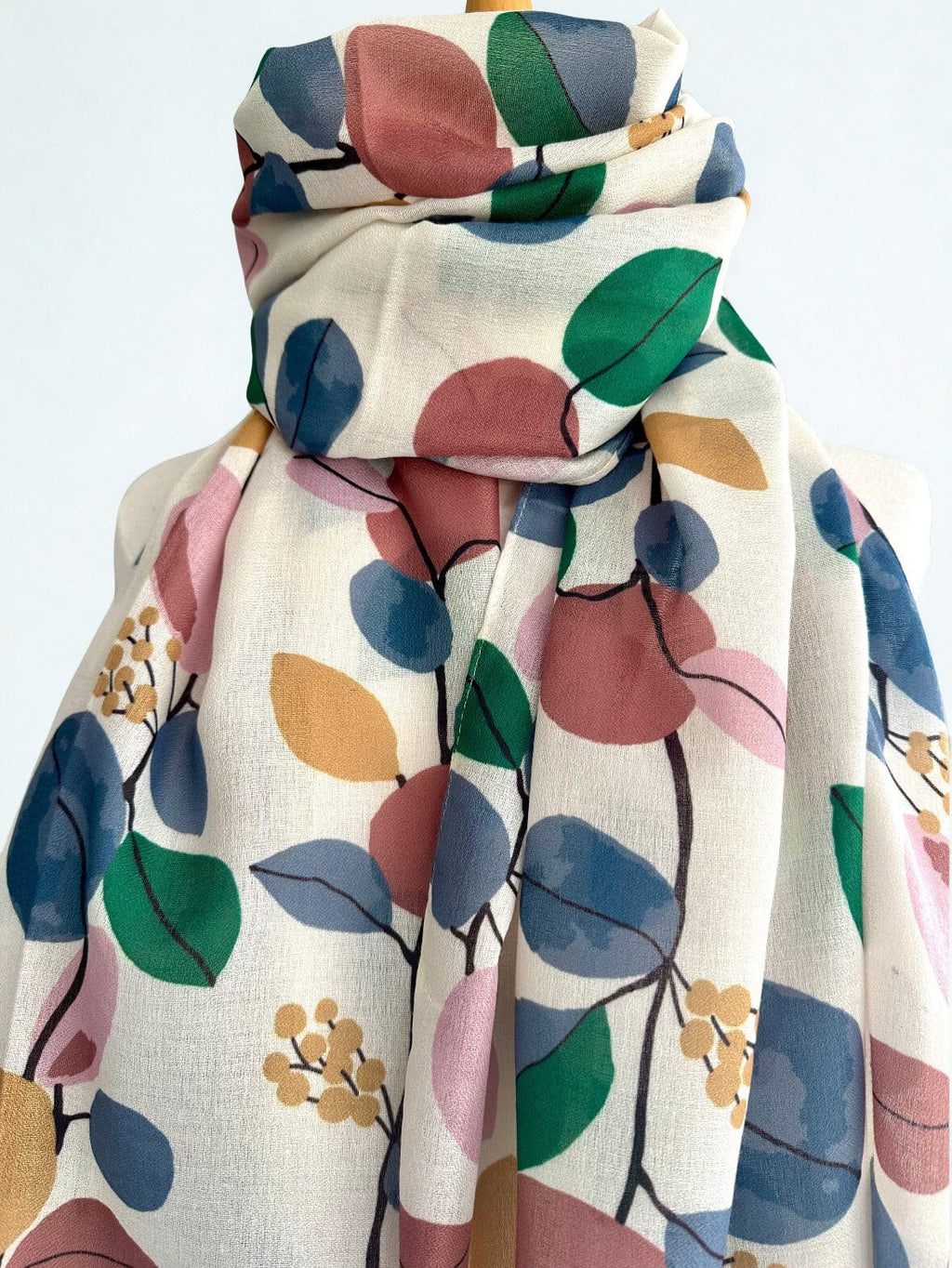 luscious scarves Off White, Blue , Green and Pink Large Leafy Leaves Scarf.