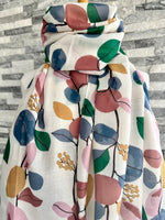 Load image into Gallery viewer, luscious scarves Off White, Blue , Green and Pink Large Leafy Leaves Scarf.
