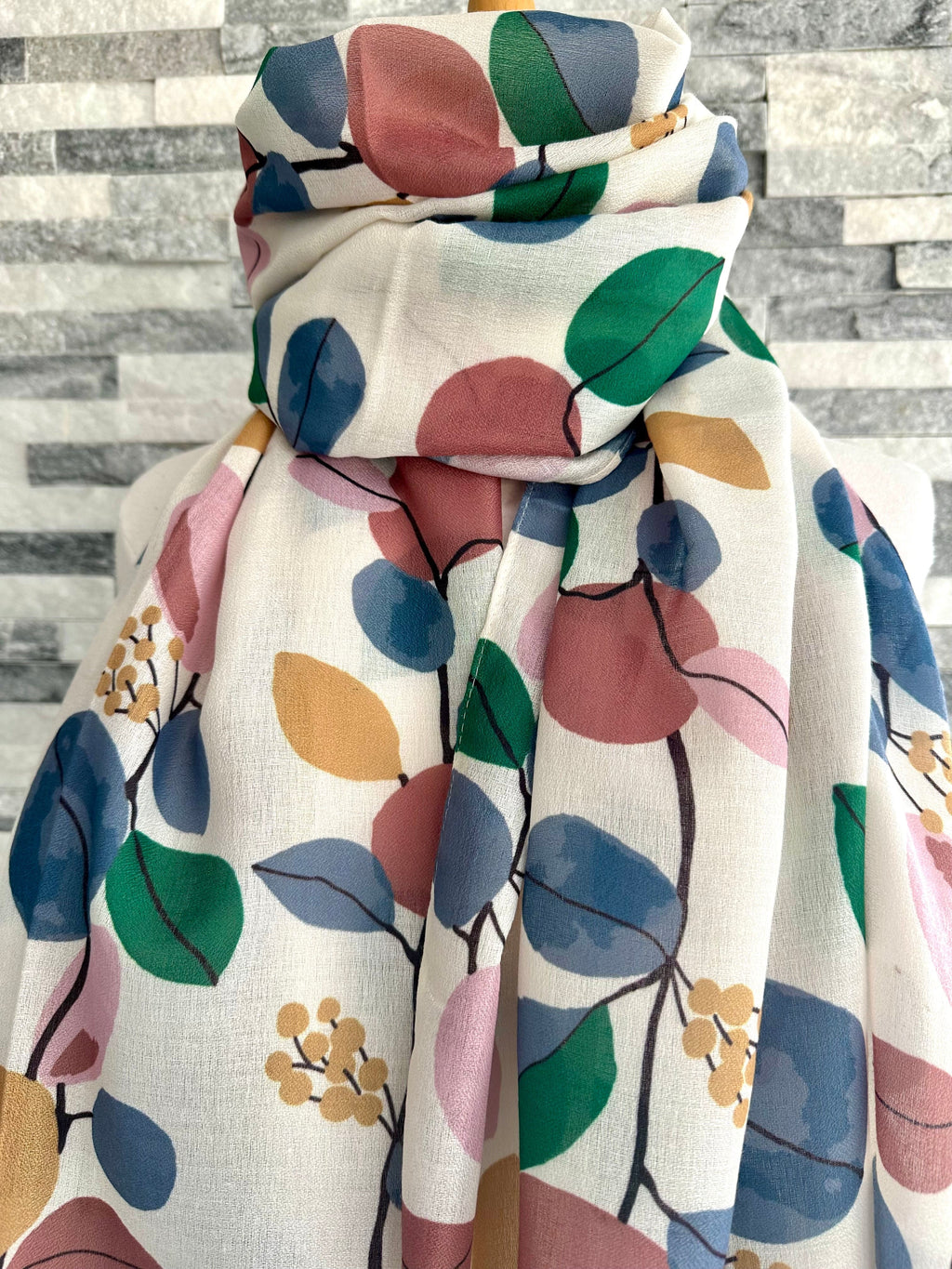 luscious scarves Off White, Blue , Green and Pink Large Leafy Leaves Scarf.