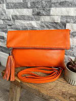 Load image into Gallery viewer, luscious scarves Orange Fold Over Italian Leather Clutch Bag
