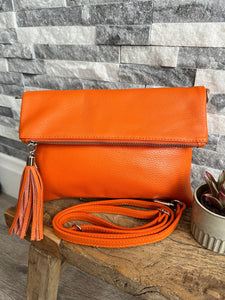 luscious scarves Orange Fold Over Italian Leather Clutch Bag