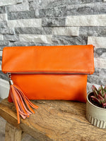 Load image into Gallery viewer, luscious scarves Orange Fold Over Italian Leather Clutch Bag

