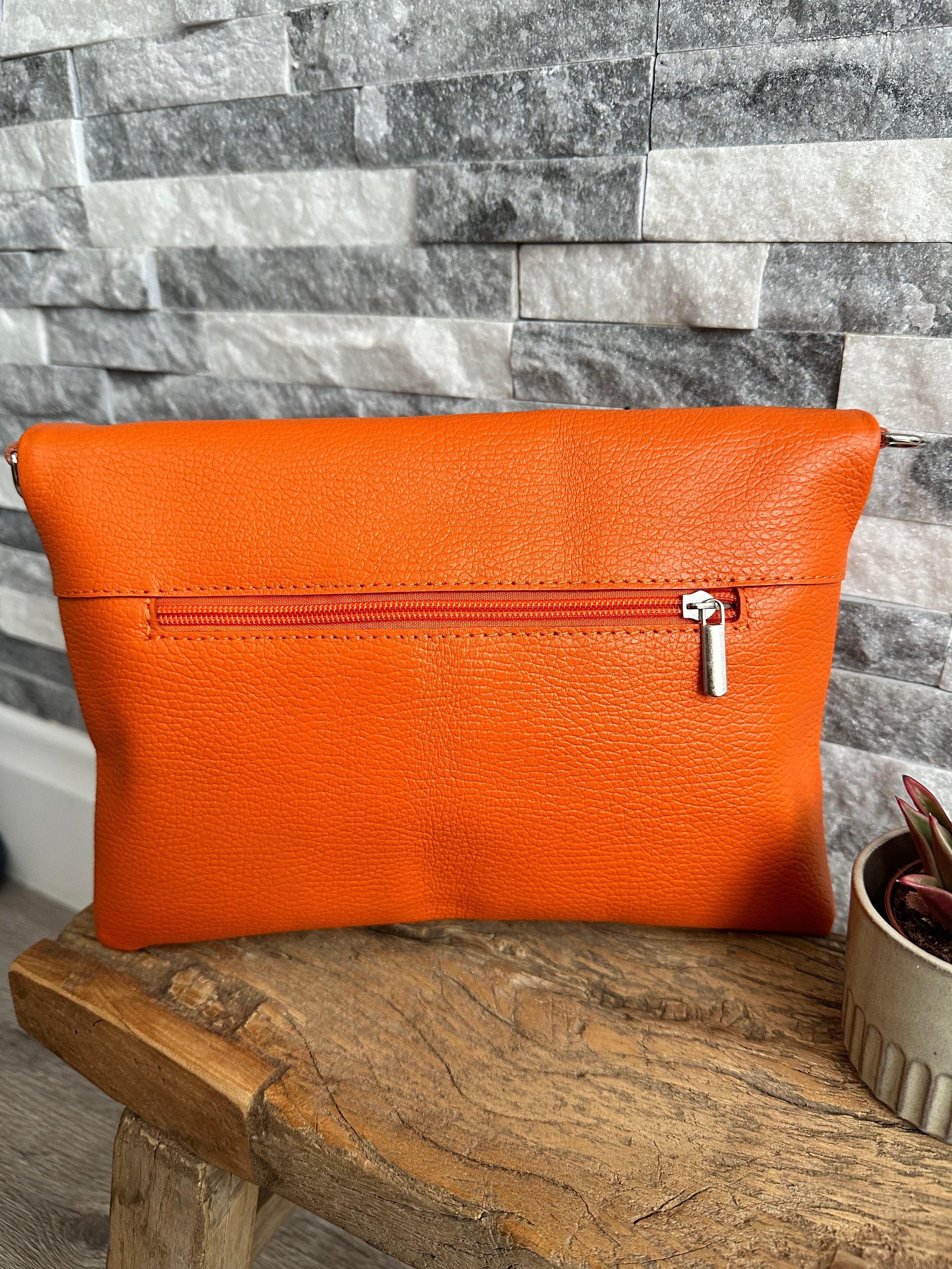 luscious scarves Orange Fold Over Italian Leather Clutch Bag