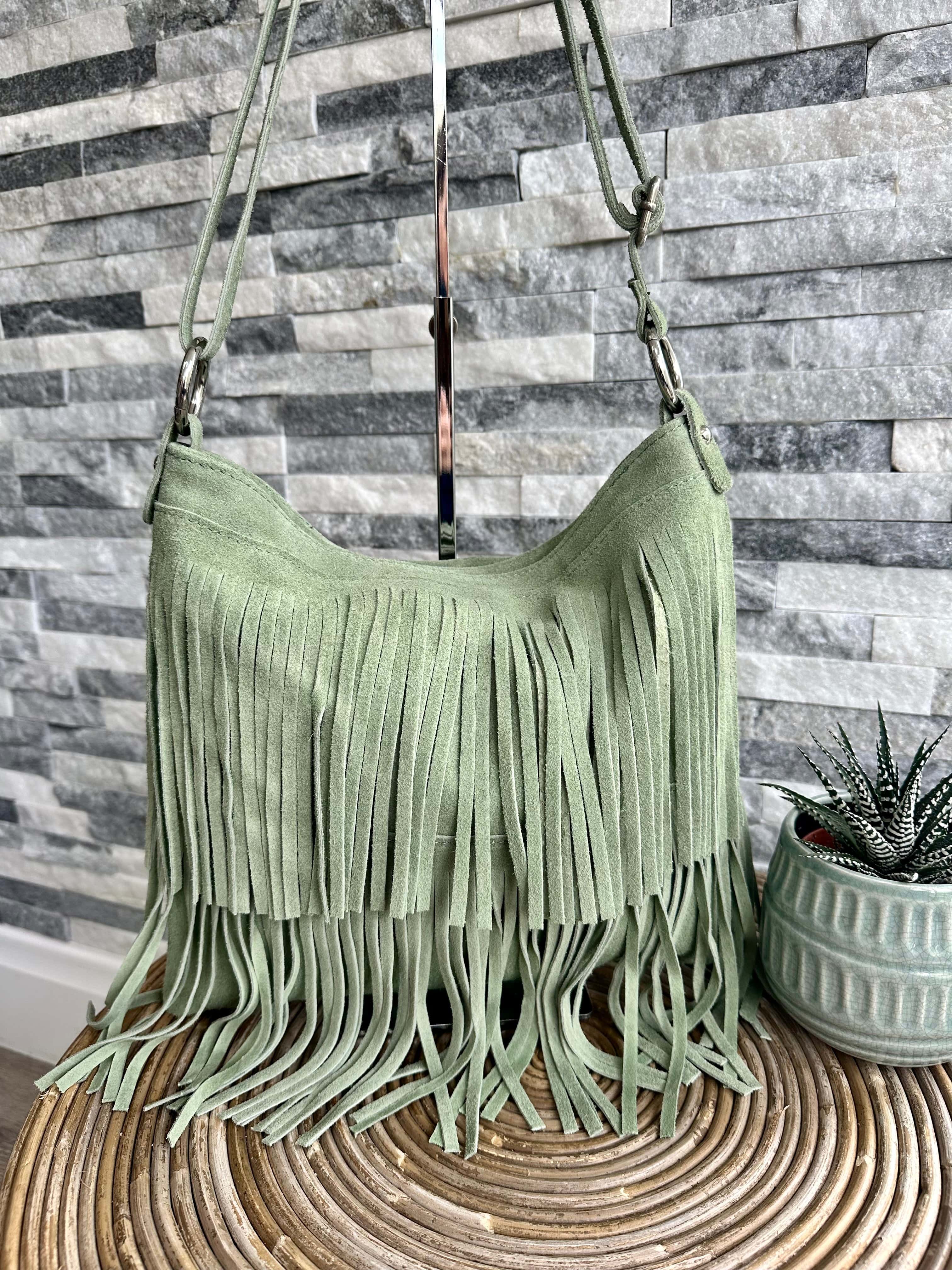 luscious scarves Pale Green Italian Suede Leather Tassel, Fringe Crossbody / Shoulder Bag . 7 Colours Available