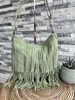 Load image into Gallery viewer, luscious scarves Pale Green Italian Suede Leather Tassel, Fringe Crossbody / Shoulder Bag . 7 Colours Available
