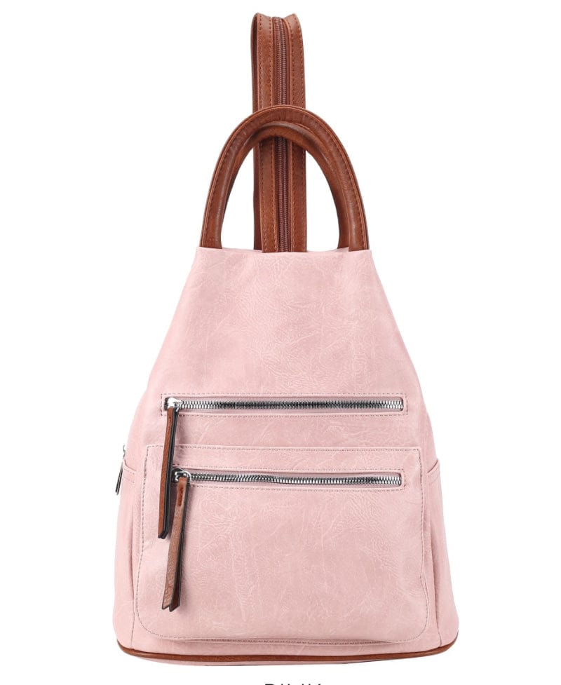 luscious scarves Pale Pink Faux Vegan Leather Triangular Backpack with Double Front Pockets, Available in 10 colours.
