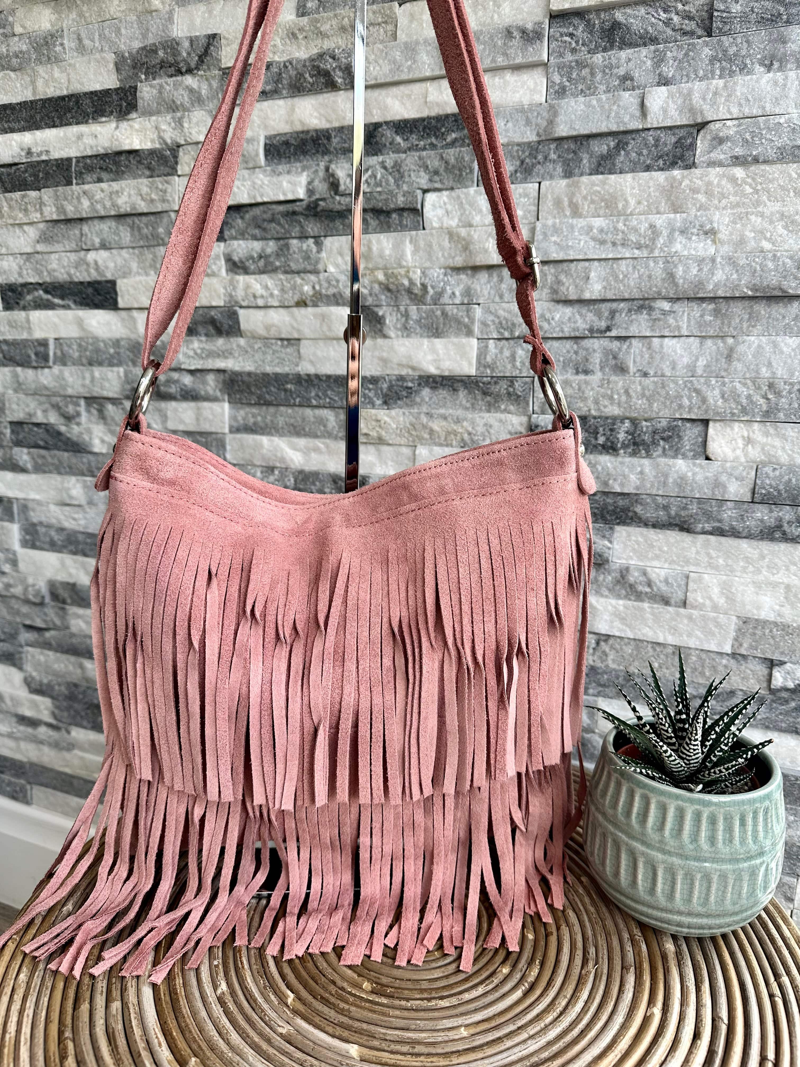 luscious scarves Pale Pink Italian Suede Leather Tassel, Fringe Crossbody / Shoulder Bag . 7 Colours Available