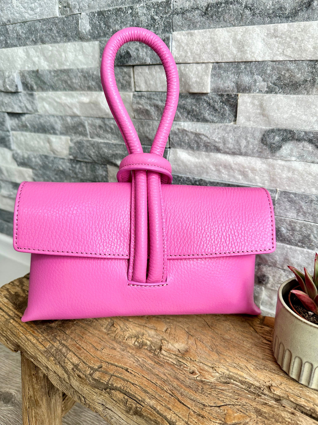 luscious scarves Pastel Pink Italian Leather Clutch Bag , Evening Bag with Loop Handle