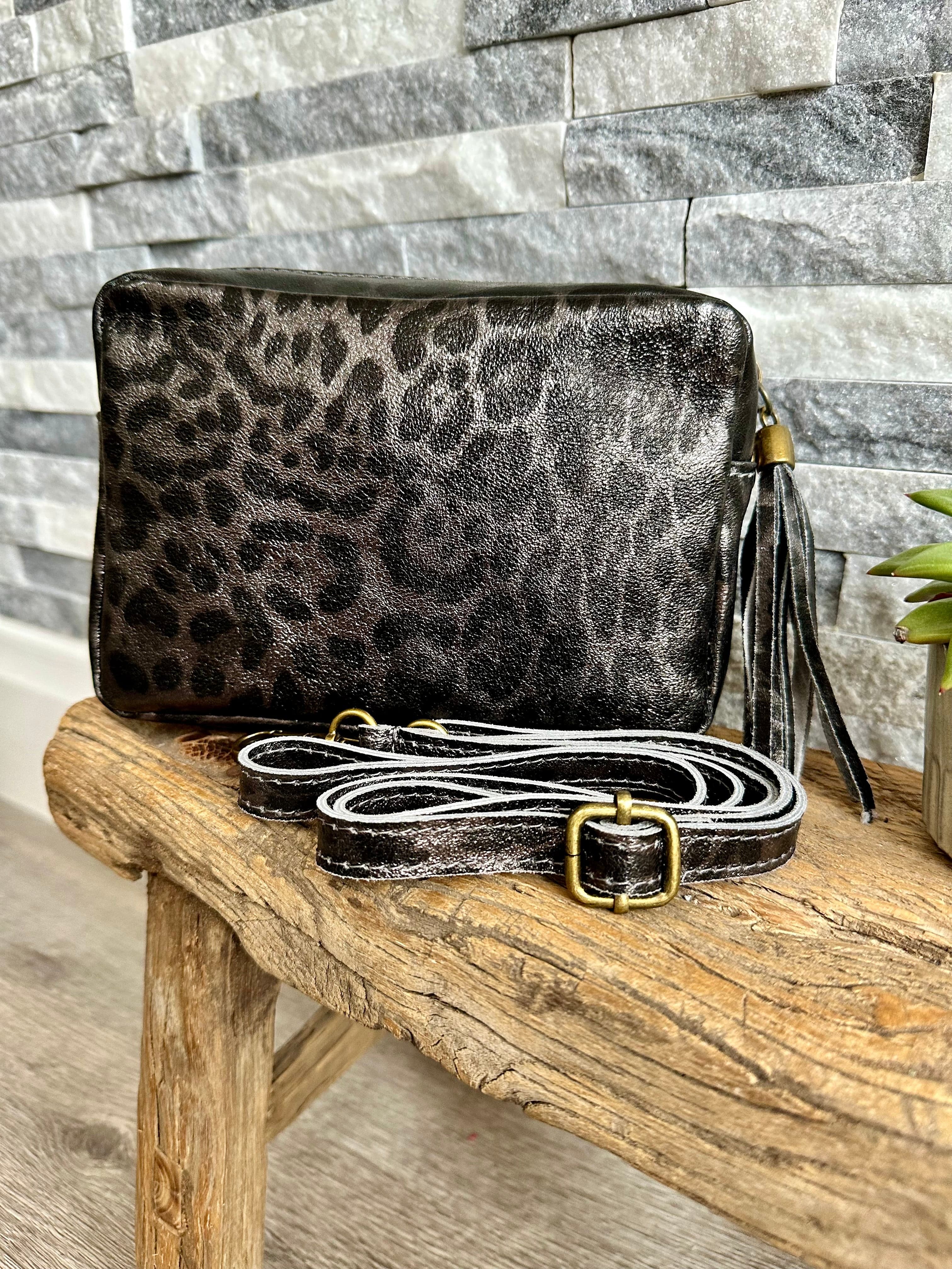 luscious scarves Pewter Animal Print Italian Leather Soft Crossbody / Camera Bag / Handbag