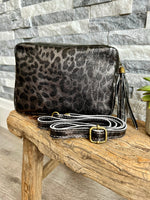 Load image into Gallery viewer, luscious scarves Pewter Animal Print Italian Leather Soft Crossbody / Camera Bag / Handbag

