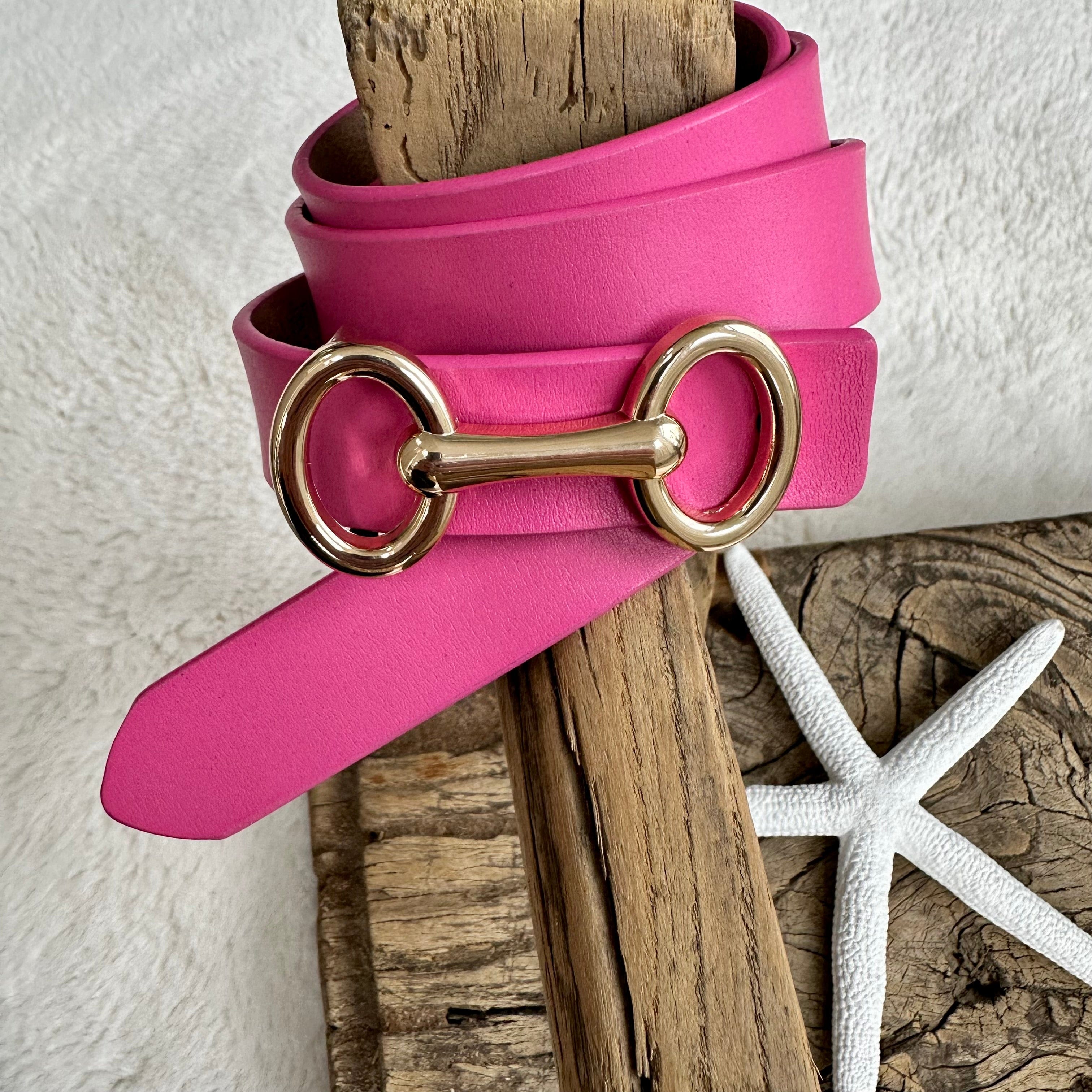 luscious scarves Pink Slim Italian Leather Belt With Gold Buckle .