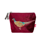 Load image into Gallery viewer, luscious scarves Purses Burgundy Lua Small Velvet Coin Purse with an Embroidered Pheasants Design
