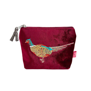 luscious scarves Purses Burgundy Lua Small Velvet Coin Purse with an Embroidered Pheasants Design