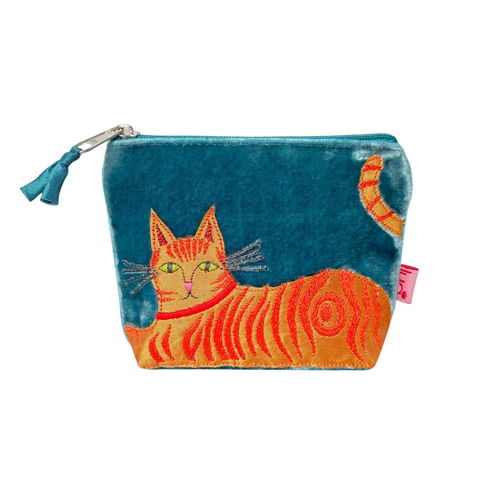 luscious scarves Purses Lua Bright Teal Velvet Coin Purse with an Ginger Embroidered Cat Design.