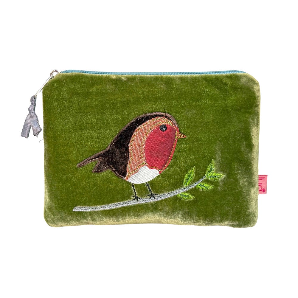 luscious scarves Purses Lua Green Velvet and Herringbone Purse with a Applique Robin Design