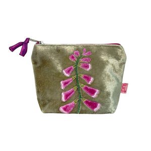luscious scarves Purses Lua Green Velvet Mini Purse with an Embroidered Pink Foxglove Design.